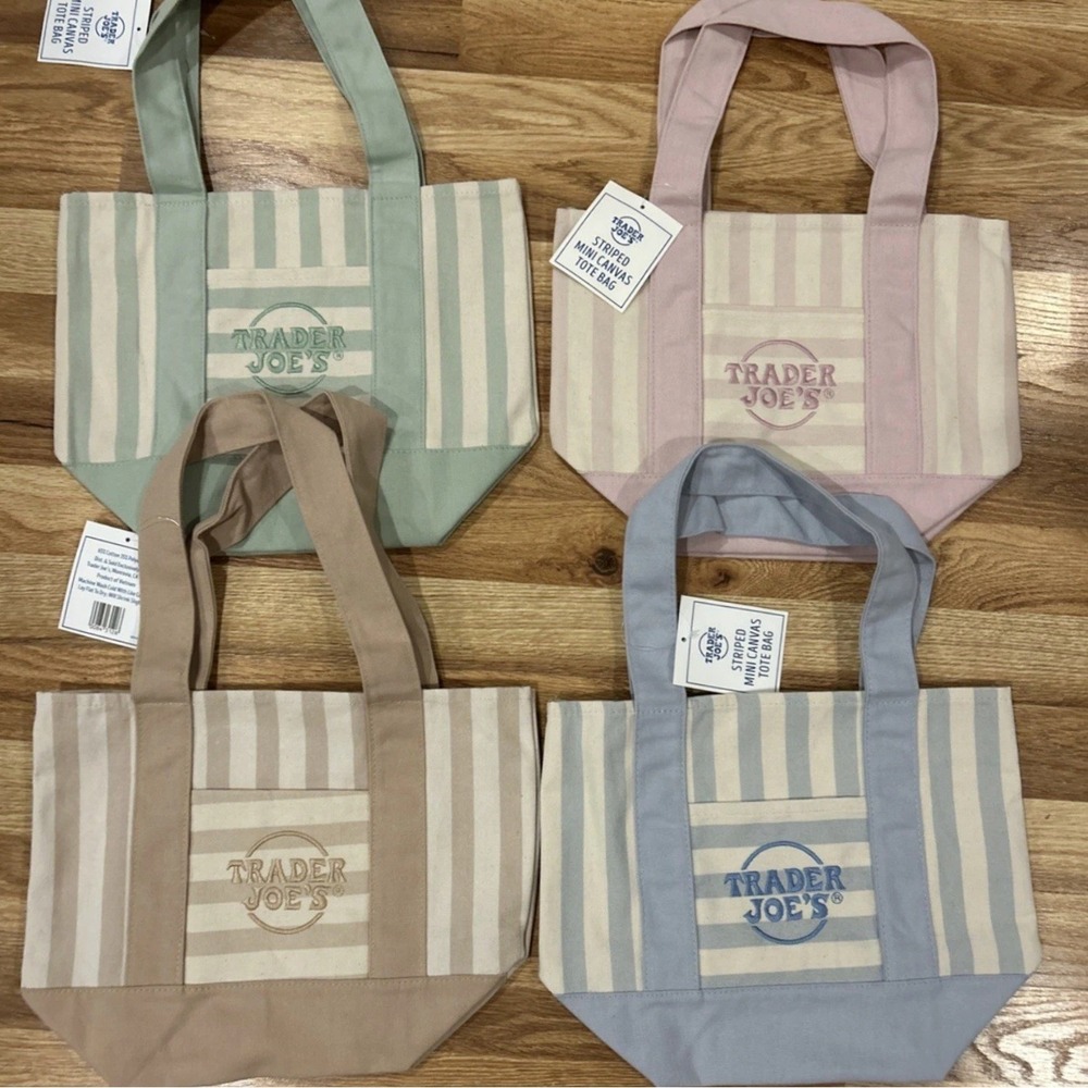 Trader Joe's Striped Mini Canvas Tote Bag Set of 4 Pink Blue Green Tan NWT